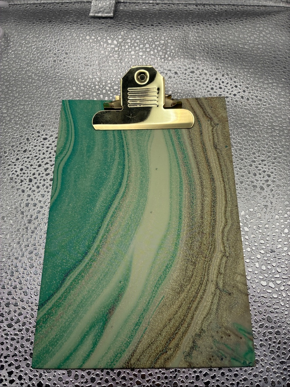 Gold Clip Marble-Pattern Clipboard in Green and Cream 8x5.5